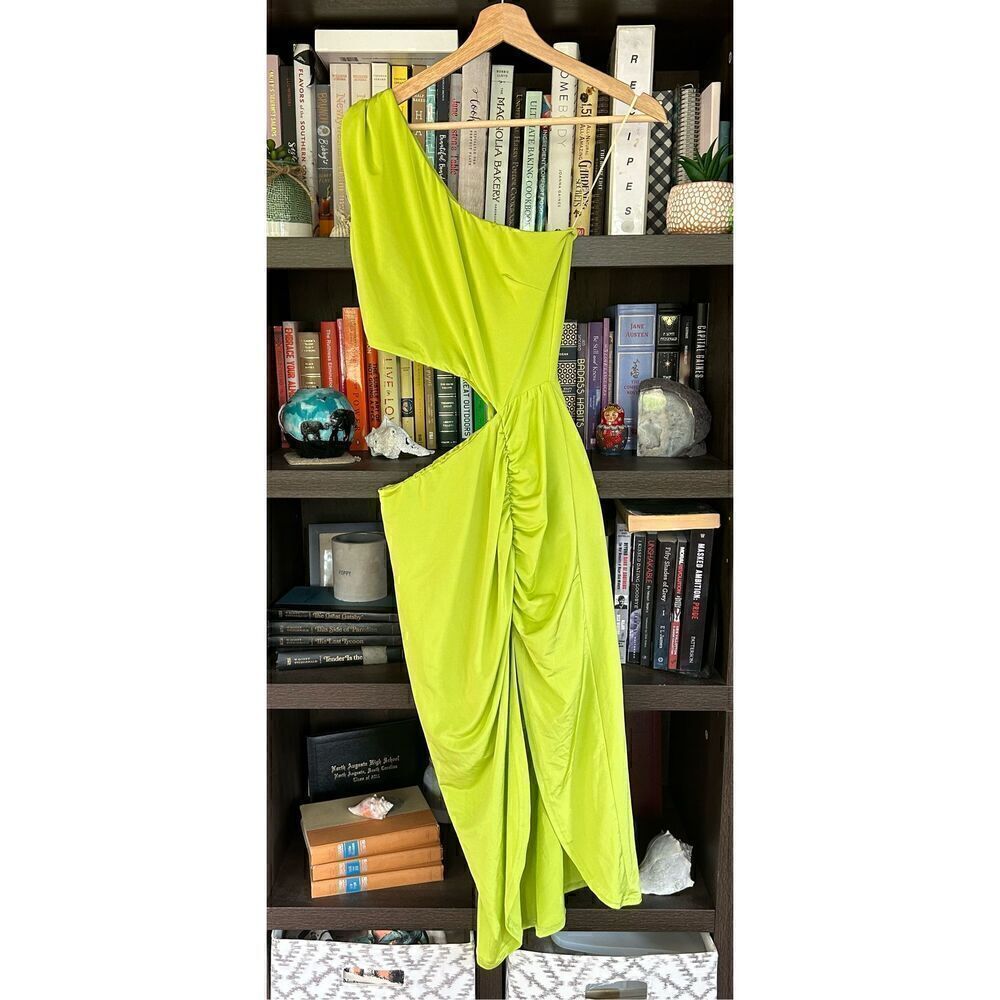 NWT Kasia Neon Green One Shoulder Ruched Shark Bite Midi Dress XS